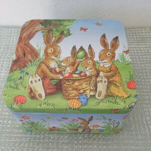 Collectible Tin Easter Bunny Rabbit Family Tin 1992 6" x 6" x 3" Made In Germany